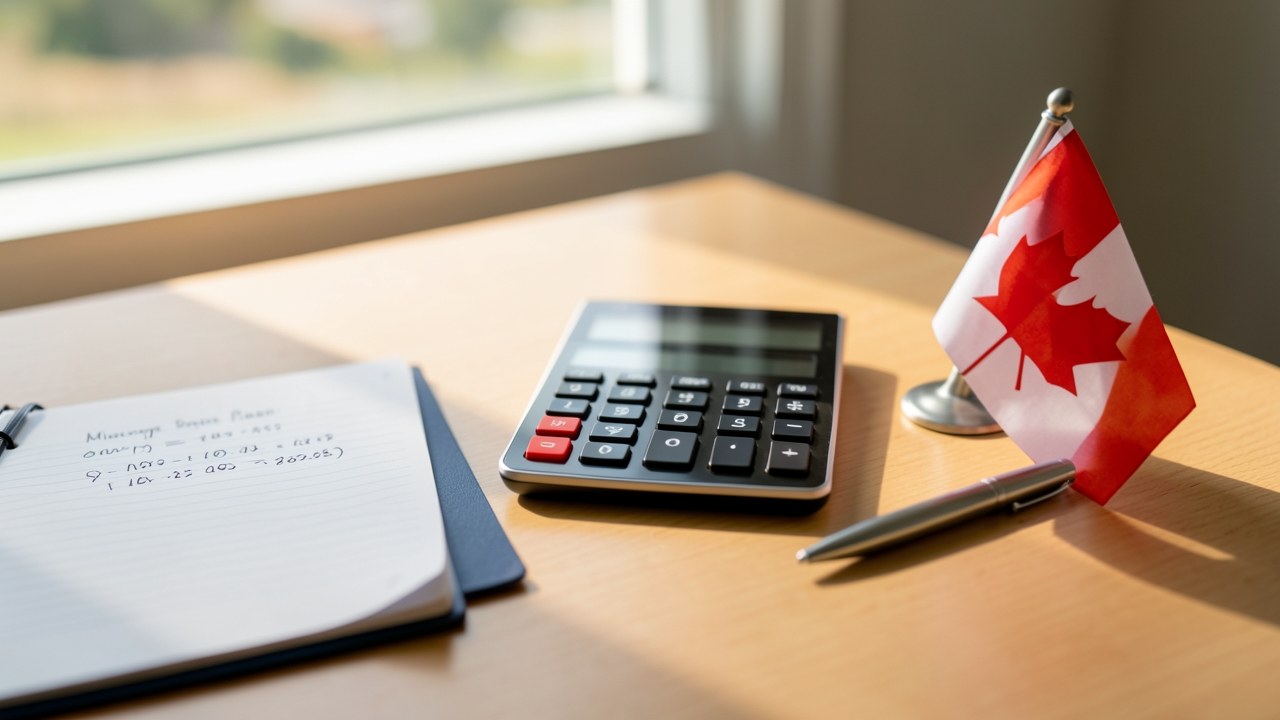 A clean, well-organized desk with a calculator, a notepad showing a mortgage payment formula, and a small Canadian flag, evoking careful financial planning.