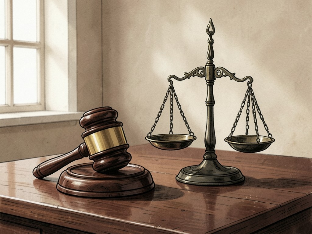 A gavel and a set of balanced scales on a desk, representing legal terms and fairness.