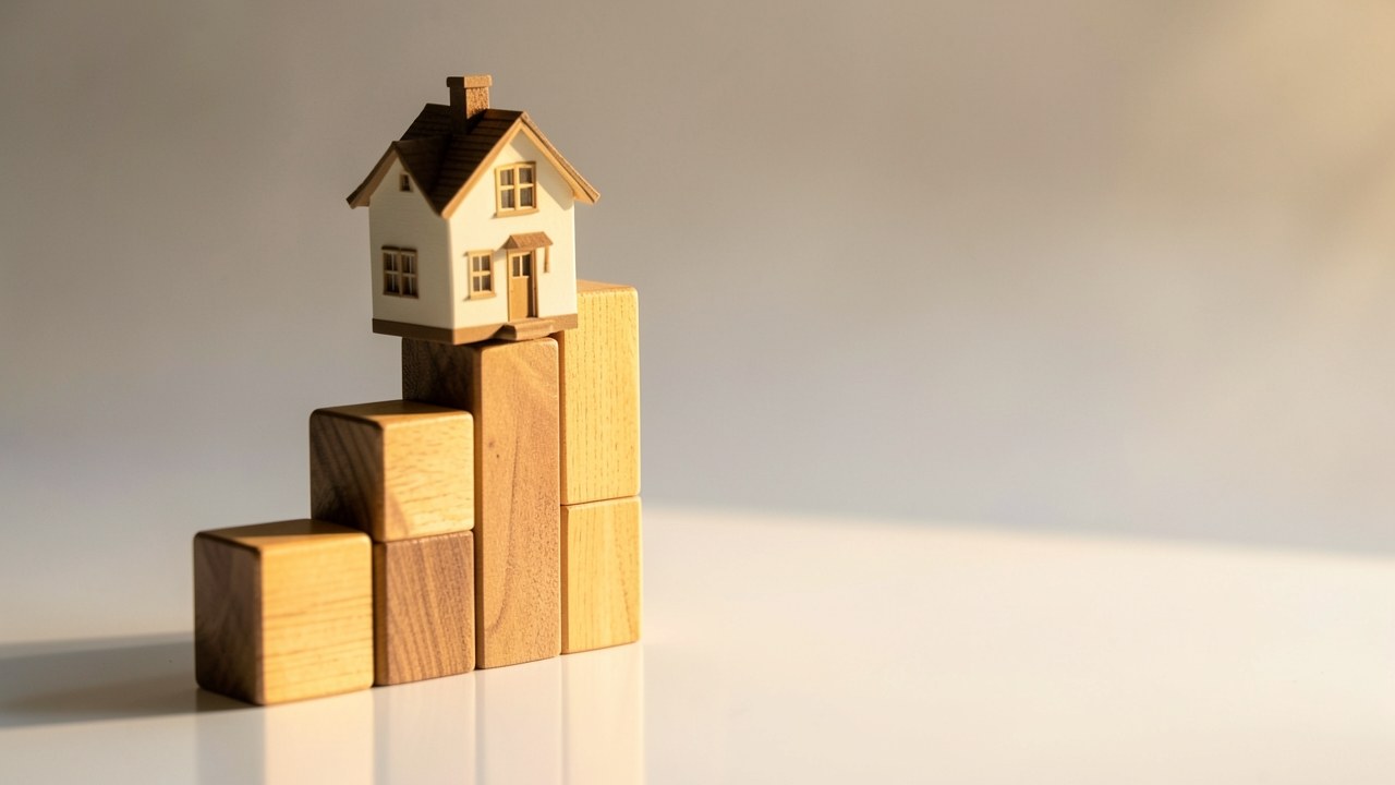 An upward-sloping bar chart made of wood and a small model house, showing affordability.
