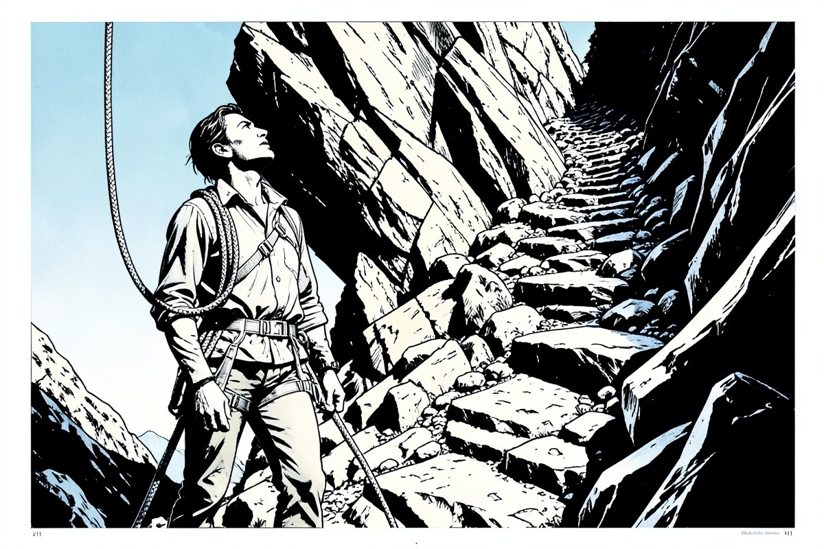 A person looking at a mountain path with a rope and harness, symbolizing the stress test.