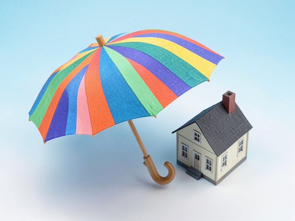 An umbrella protecting a model house, symbolizing insurance.