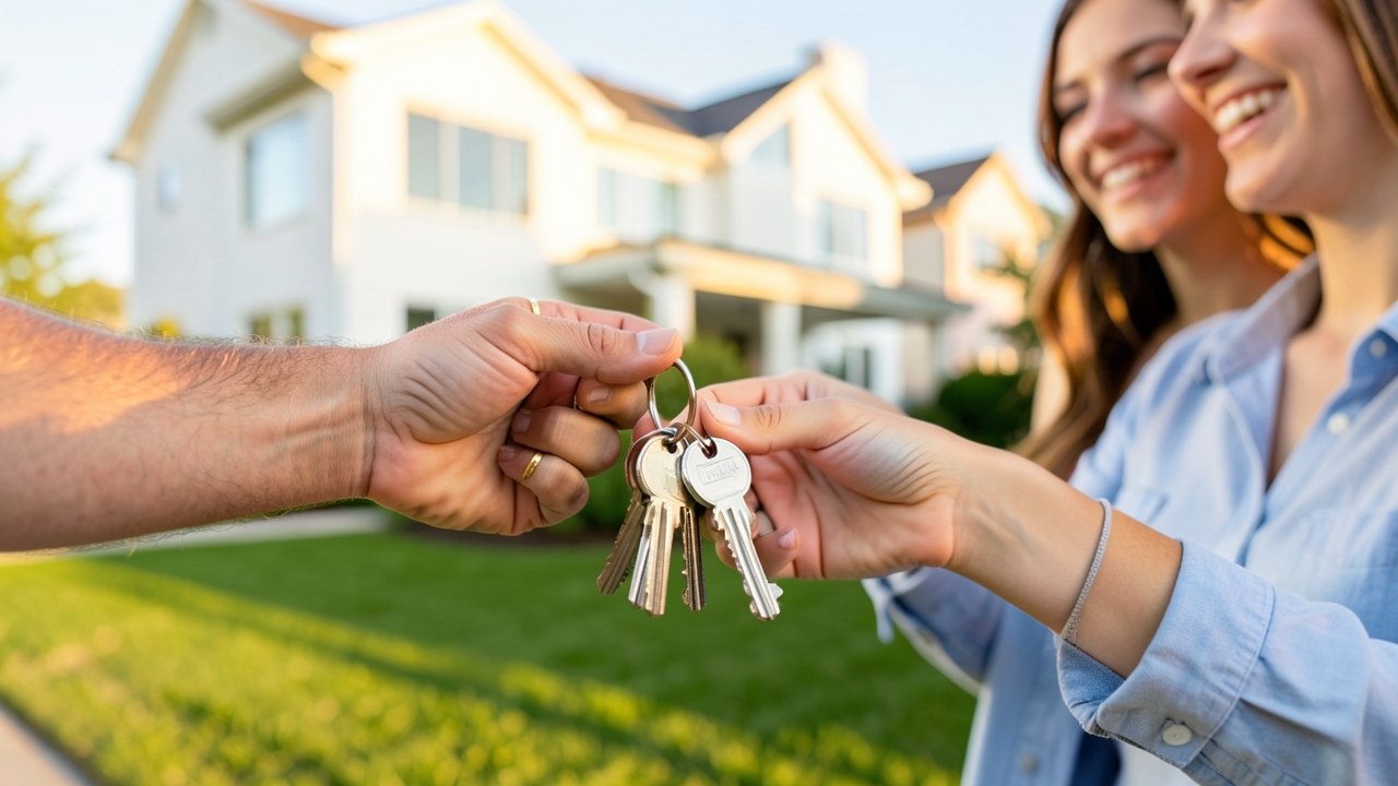 A key handed over to a young couple in front of a new house, symbolizing their first home purchase.