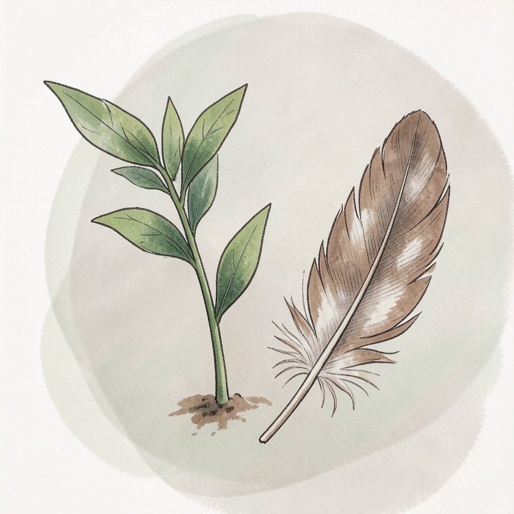 A feather and a small, growing plant, illustrating interest that accrues over time.