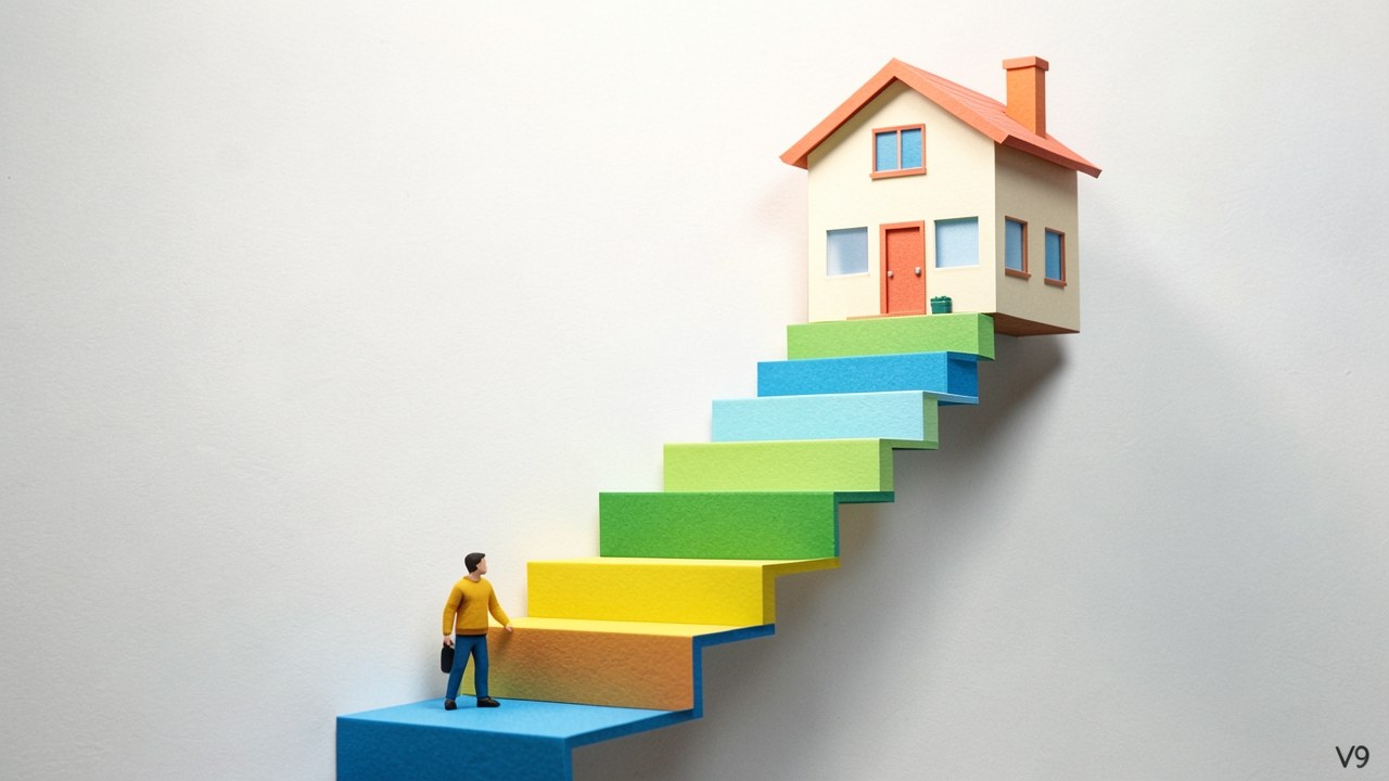 A staircase leading up to a house, symbolizing the steps of getting a mortgage.